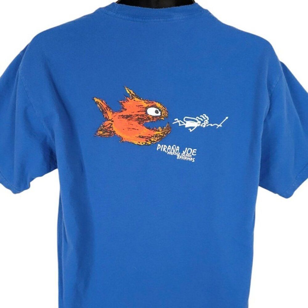 Pirana Joe T Shirt Mens Size Medium Blue Paradise Island Bahamas Scuba Diver